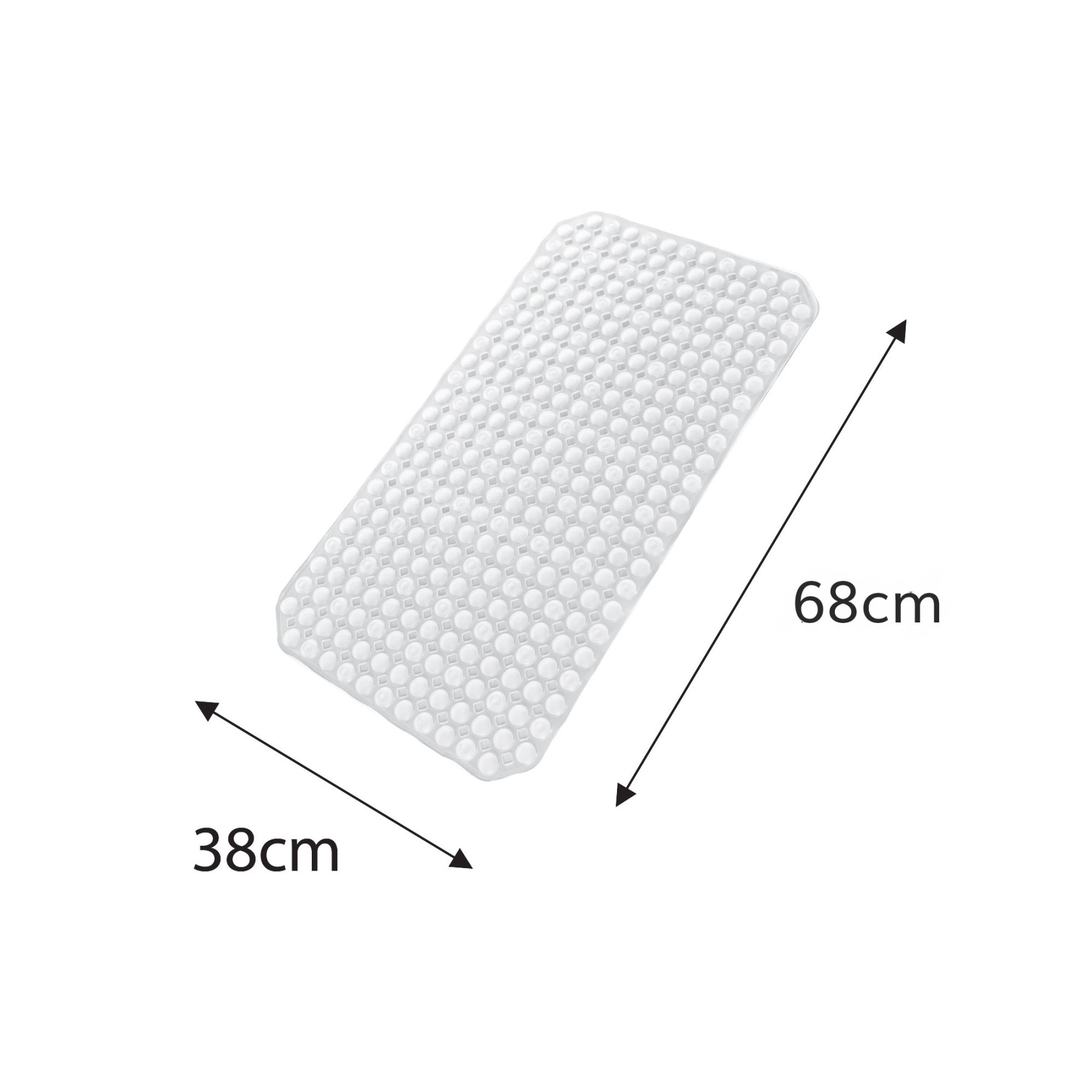 Conni anti-slip shower mat in white, made of textured material with rounded corners, shown with 68cm and 38cm dimensions.