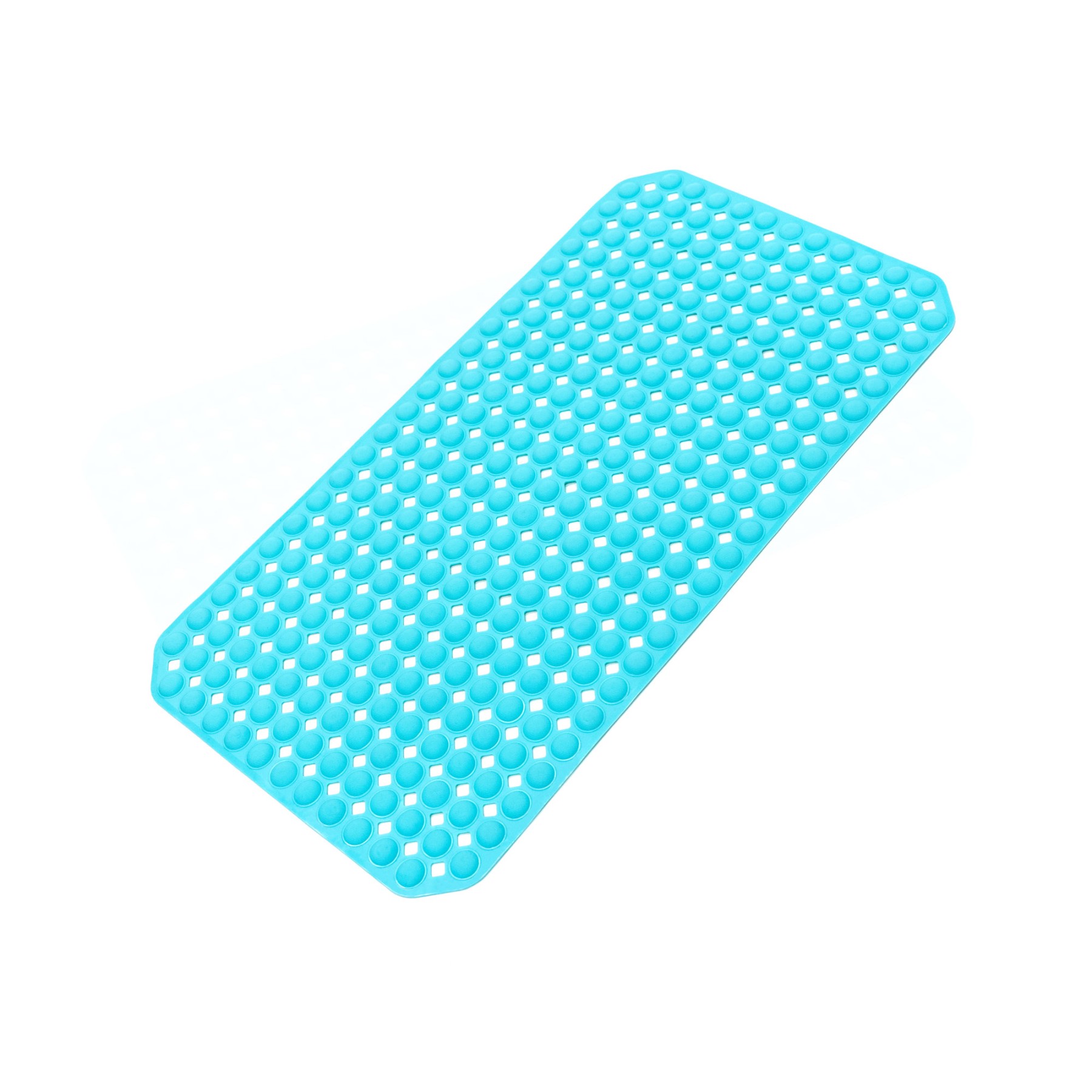 An aqua anti-slip shower mat with rounded corners and raised suction cups, shown on a white background.