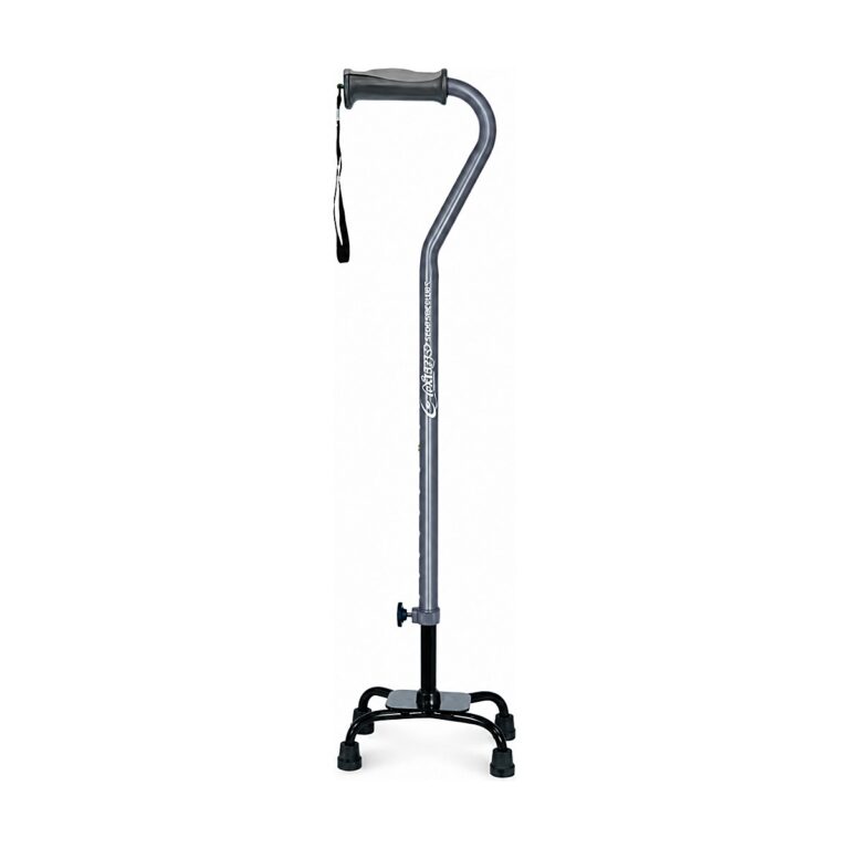 HMR Airgo Comfort-Plus Adjustable Quad Cane in black metal with a padded handle, wrist strap, and four-foot base, shown on a white background.