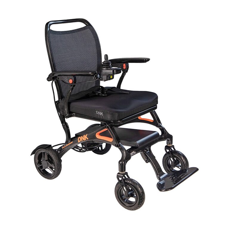 Elevate Aero Carbon Fibre Powerchair – Folding in black carbon fibre, shown with a mesh backrest, padded seat, armrests, and small front and rear wheels.