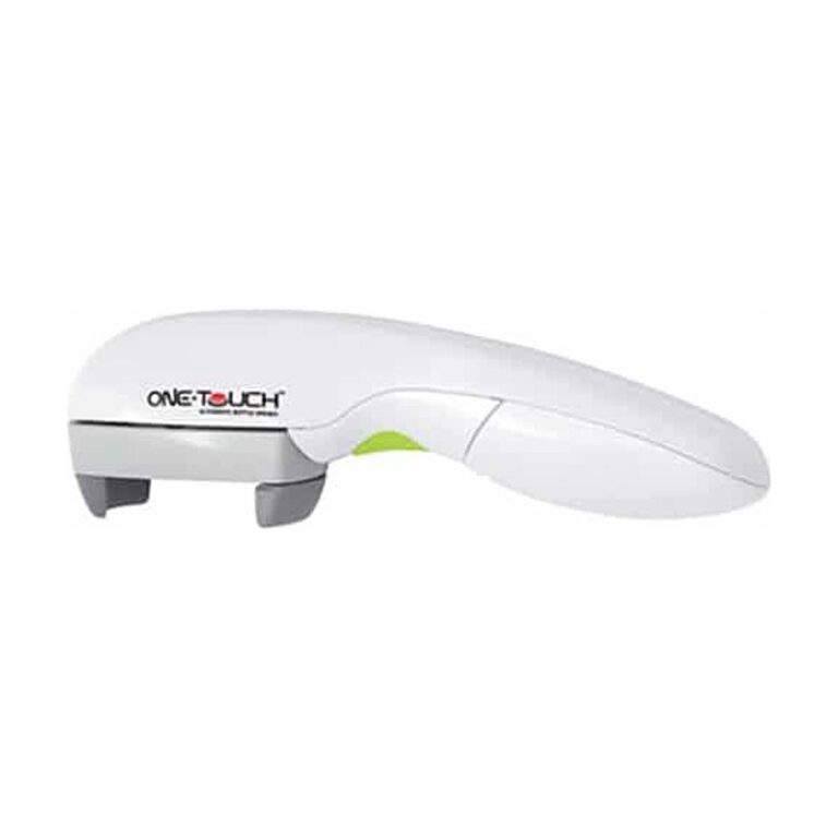 One Touch automatic bottle opener in white plastic with gray accents and a green detail, shown in side view on a plain white background.