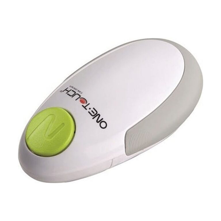 One Touch Automatic Can Opener II in white and gray plastic with a lime green button, shown in a compact oval design.