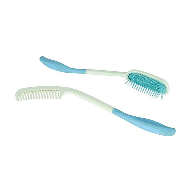 Long Handle Brush & Comb set in mint green and blue plastic, shown with one brush and one comb crossed on a white background.