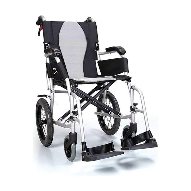 Karma Ergo Lite Deluxe Transit wheelchair in black and gray fabric with a silver frame, shown with large rear wheels, small front casters, and black footrests.