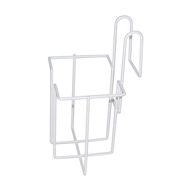 Urinal Bottle Holder in white metal, shown as a wire rack with a rectangular frame and two hanging hooks.
