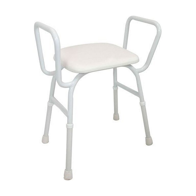 CareQuip padded shower stool in white with a cushioned seat, gray tubular frame, and side handles, shown on a plain white background.