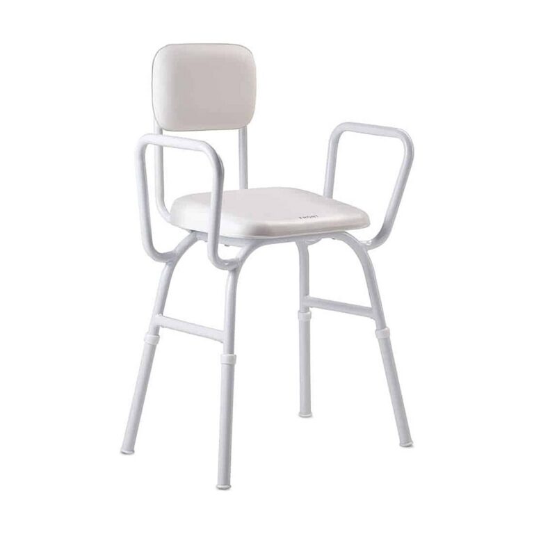 CareQuip padded shower stool with backrest in light gray, featuring a cushioned seat, tubular frame, and armrests.