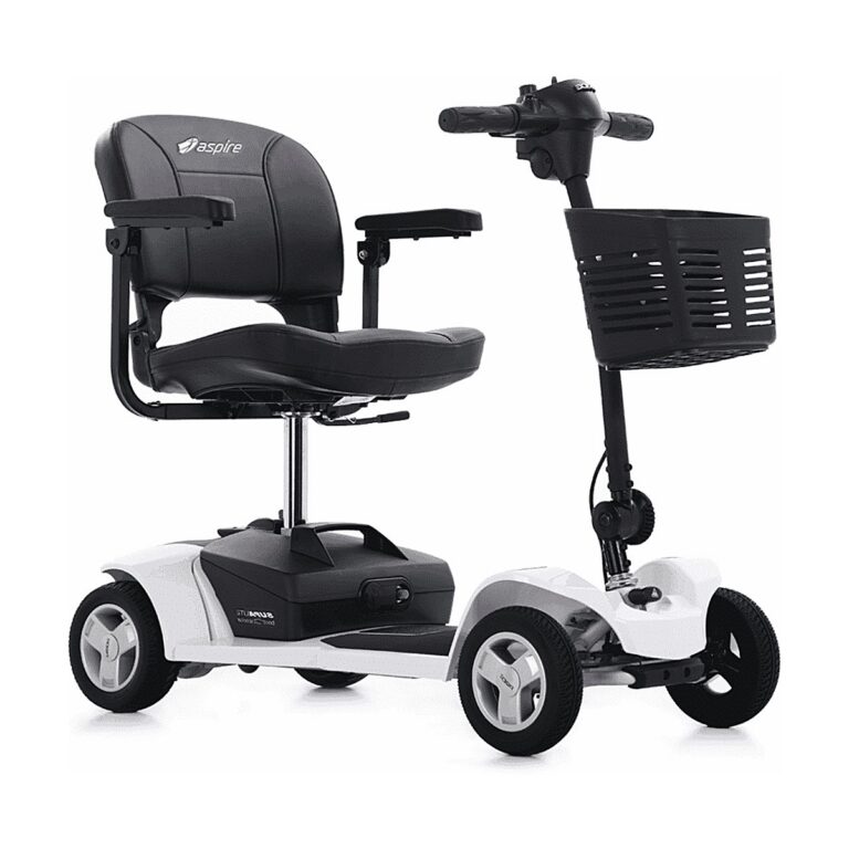 Aspire Boot Scooter Supalite in black and white, with a padded seat, front basket, and four wheels shown in a side view.