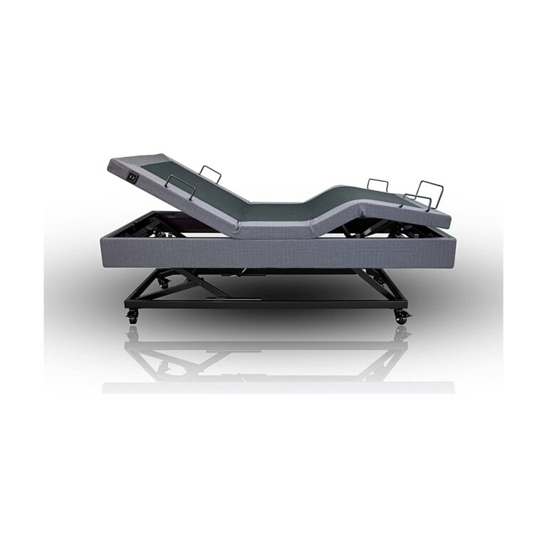 Avante ErgoAdjust Care Base adjustable bed in gray fabric, shown raised at the head and foot on a black metal base with caster wheels.
