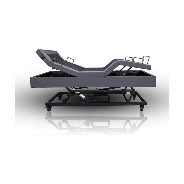 Avante ErgoAdjust Delux Base adjustable bed in gray upholstered fabric, shown raised on a black metal base with articulated sections and side handrails.