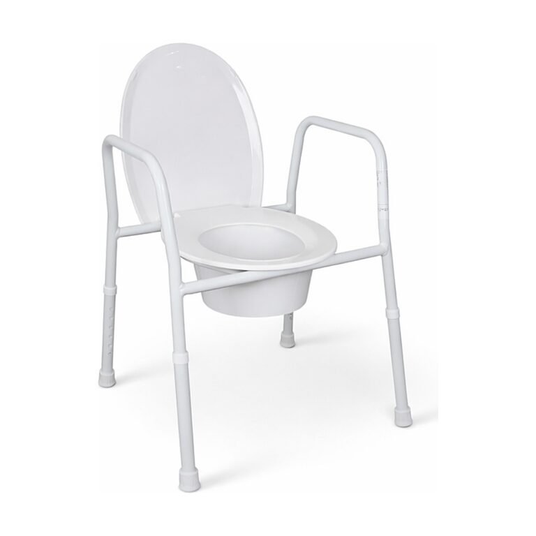 Elevate Over Toilet Aid Standard in white plastic and metal, showing a raised toilet seat with armrests and four legs on a plain white background.