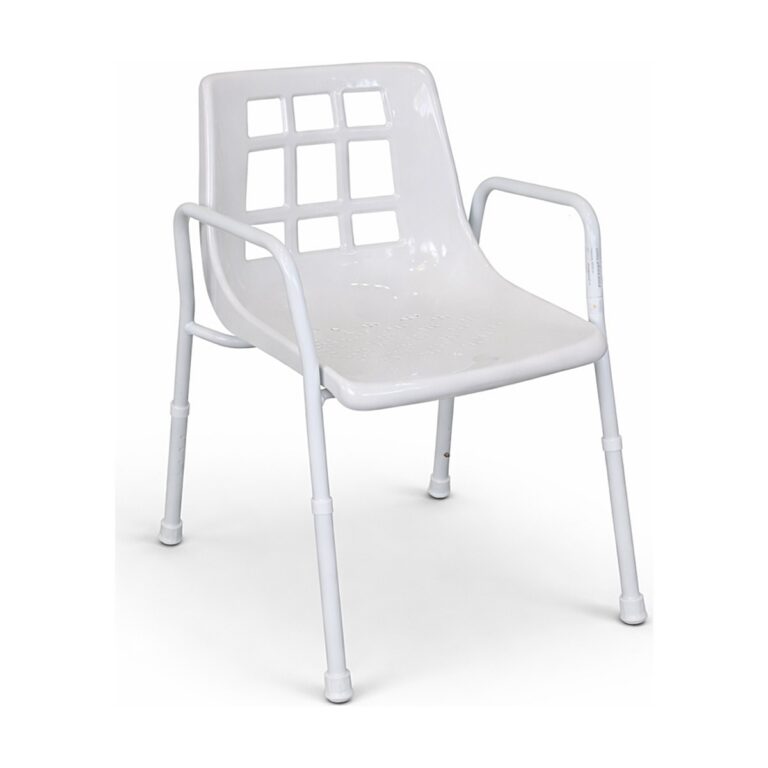Elevate Shower Chair – Standard SWL 130kg in white plastic with a tubular frame, molded seat, and square cutout backrest, shown on a plain white background.