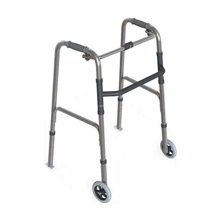 Walking Frame with Front Wheels And Rear Glides Folding Adjustable Height Aluminium walking frame in silver aluminum with black grips, front wheels, and rear glides, shown on a plain white background.