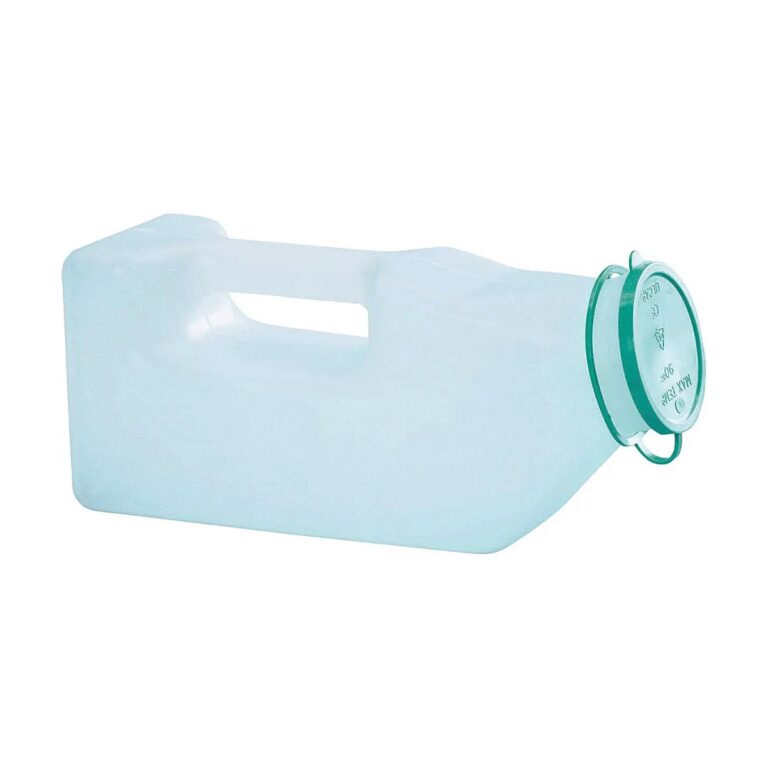 Urinal with Lid in translucent light blue plastic, shown in side view with a built-in handle and green screw-on lid.