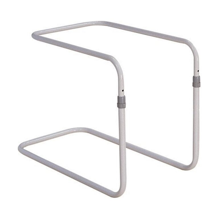 Peak Bed Blanket Cradle – Adjustable in light gray metal, with a rectangular frame and curved support legs on a white background.