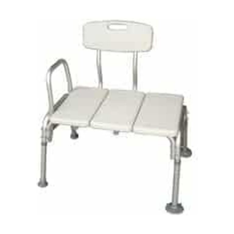 HIRE Bath Transfer Bench in white with a molded plastic seat, backrest, and metal frame, shown with one side armrest and adjustable legs.