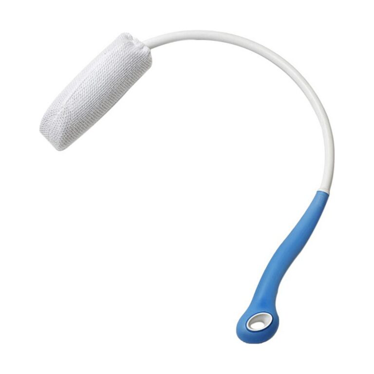 Etac Beauty Back Washer in white and blue, with a curved handle and textured mesh washing head.