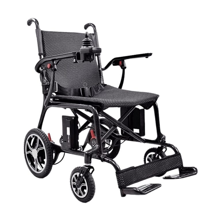 Rothcare Lite Ryder carbon fibre folding power wheelchair in black, with a textured seat and backrest, large rear wheels, small front casters, and footrests on a white background.