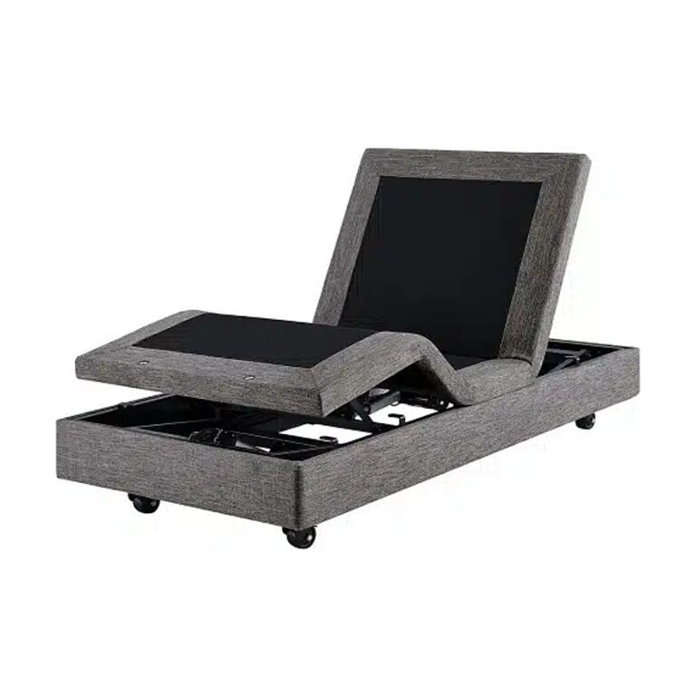 Aspire Comfimotion Care adjustable bed in gray fabric with a raised head section and lifted leg rest, shown on small caster wheels.