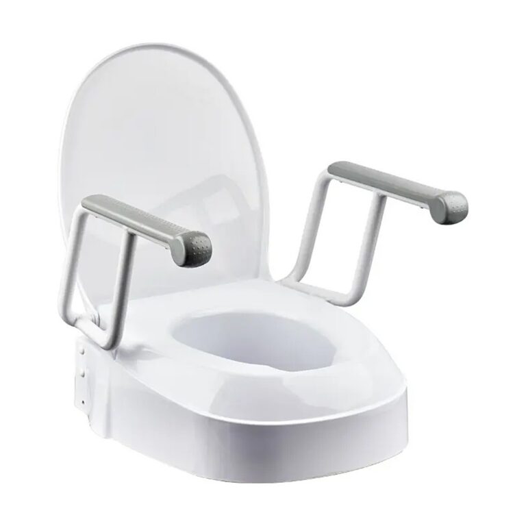 Homecraft Adjustable Toilet Seat Raiser with Swing Back Arms in white plastic, shown with raised armrests and a contoured seat opening.