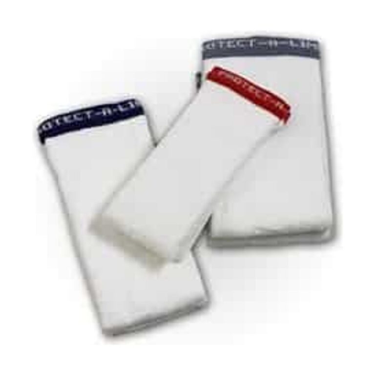 Protect a Limb white limb protectors with dark blue and red trim, shown as three padded sleeves overlapping on a white background.