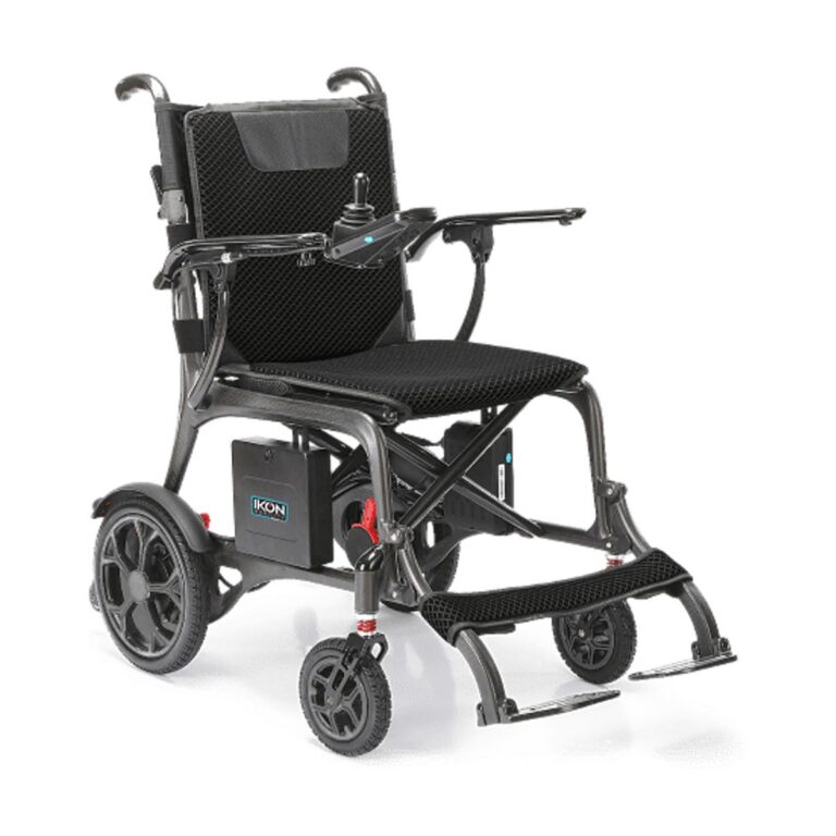 Redgum Ikon Enduro Powerlite folding electric wheelchair in black, with a padded seat, armrests, and large rear wheels, shown on a white background.