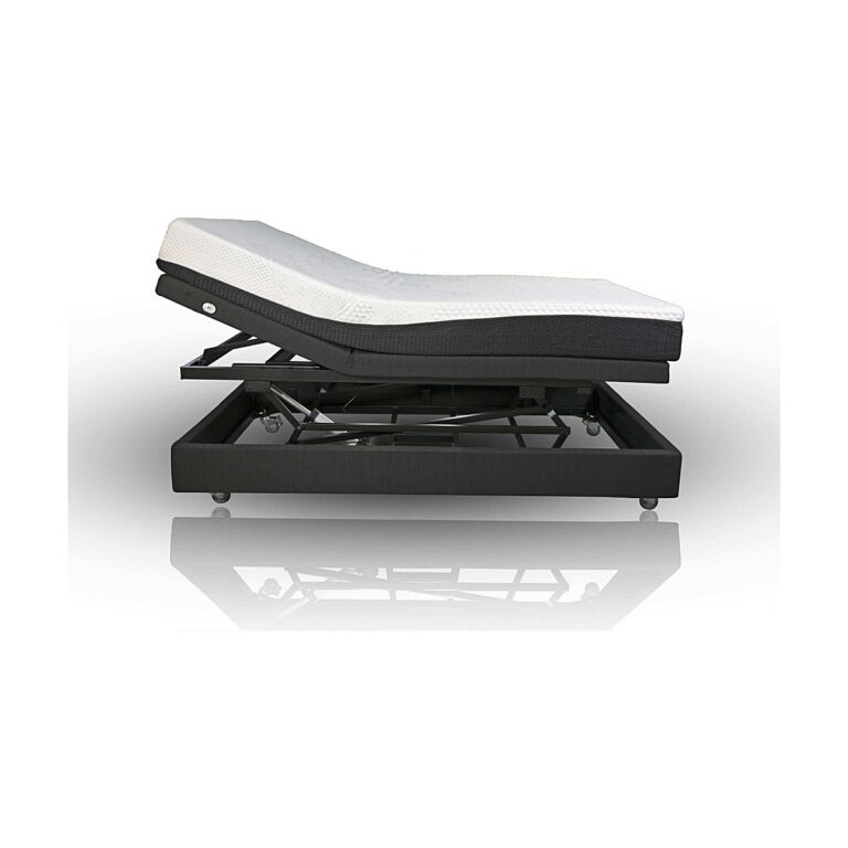 Avante SmartFlex 3 Base adjustable bed in black and white with a raised mattress on a black metal frame, shown in side view on a white background.