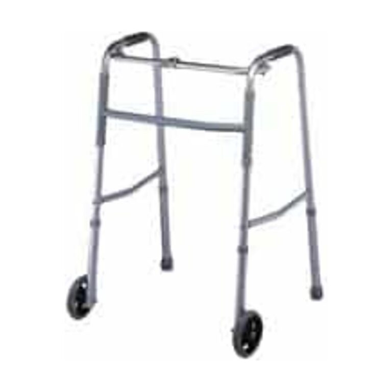 HIRE walking frame with castors in gray metal, shown with black front wheels and tubular hand grips.