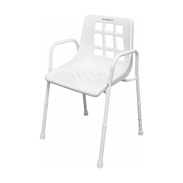 Freedom HIRE shower chair in white aluminum with armrests, a perforated seat, and a backrest with square cutouts, shown on a plain background.