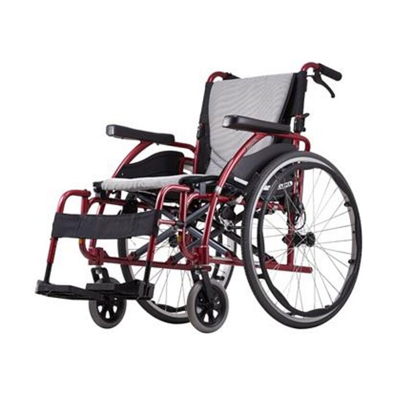 Kcare Karma S-Ergo 125 self-propelled wheelchair in red and black with a gray seat and backrest, shown in side view with large rear wheels and small front casters.