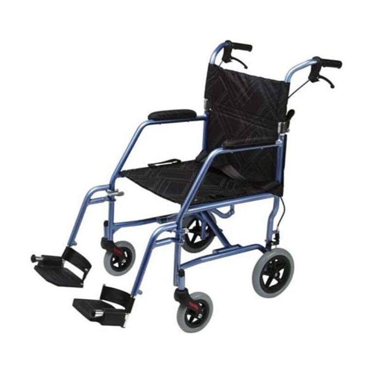LA1 Transit 18-inch wheelchair with a blue metal frame, black fabric seat and backrest, and small front and rear wheels, shown at an angle on a white background.