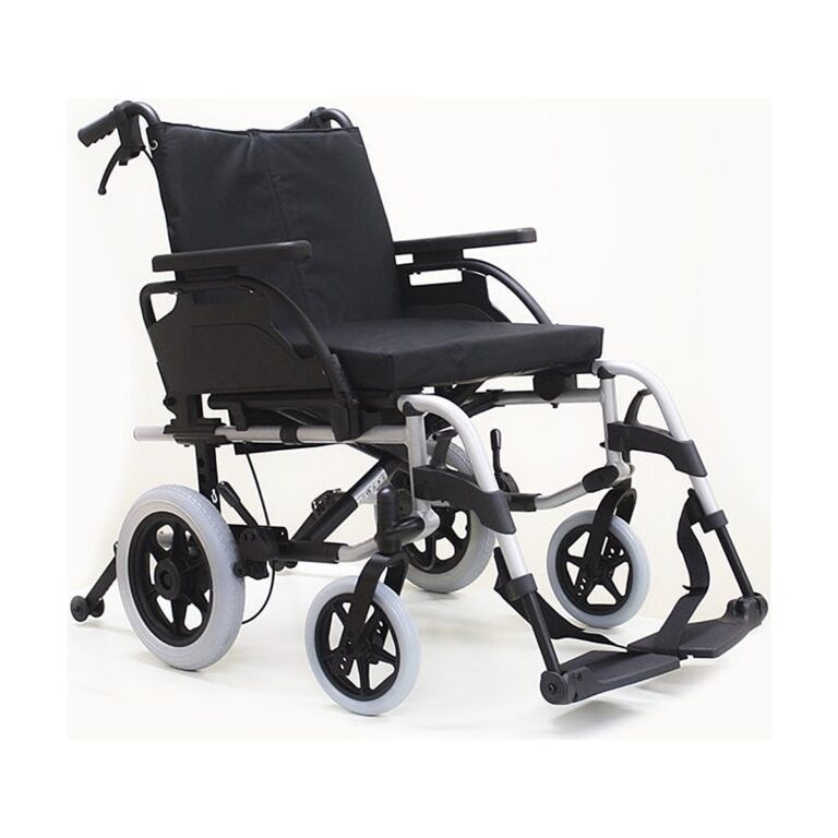 Breezy Basix 2 Transit wheelchair in black with a padded seat and backrest, silver frame, small front casters, and large rear wheels with push handles.