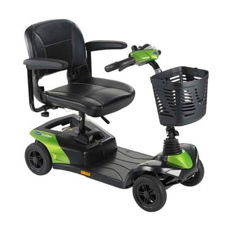 Invacare Colibri mobility scooter in black and green, with a padded seat, armrests, front basket, and four wheels.