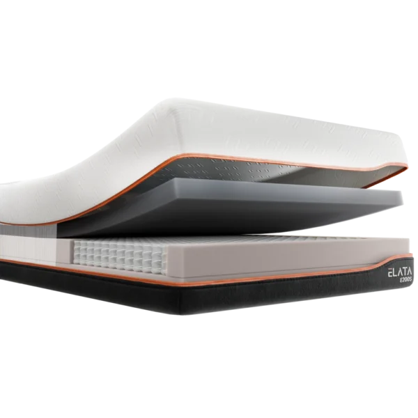 Enable Lifecare E200 adjustable bed mattress in white and gray with orange piping, shown in a layered cutaway view that reveals its foam and spring construction.