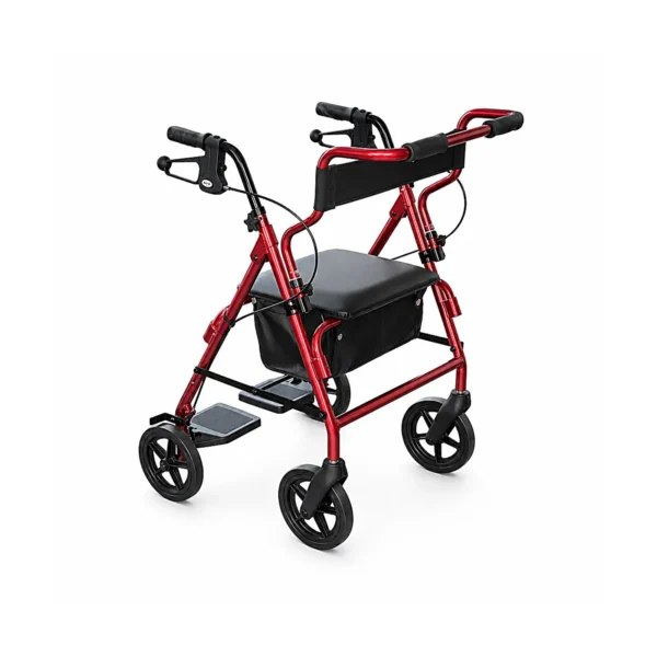A red four-wheeled walker with hand brakes, a padded seat, and a storage pouch on a white background.