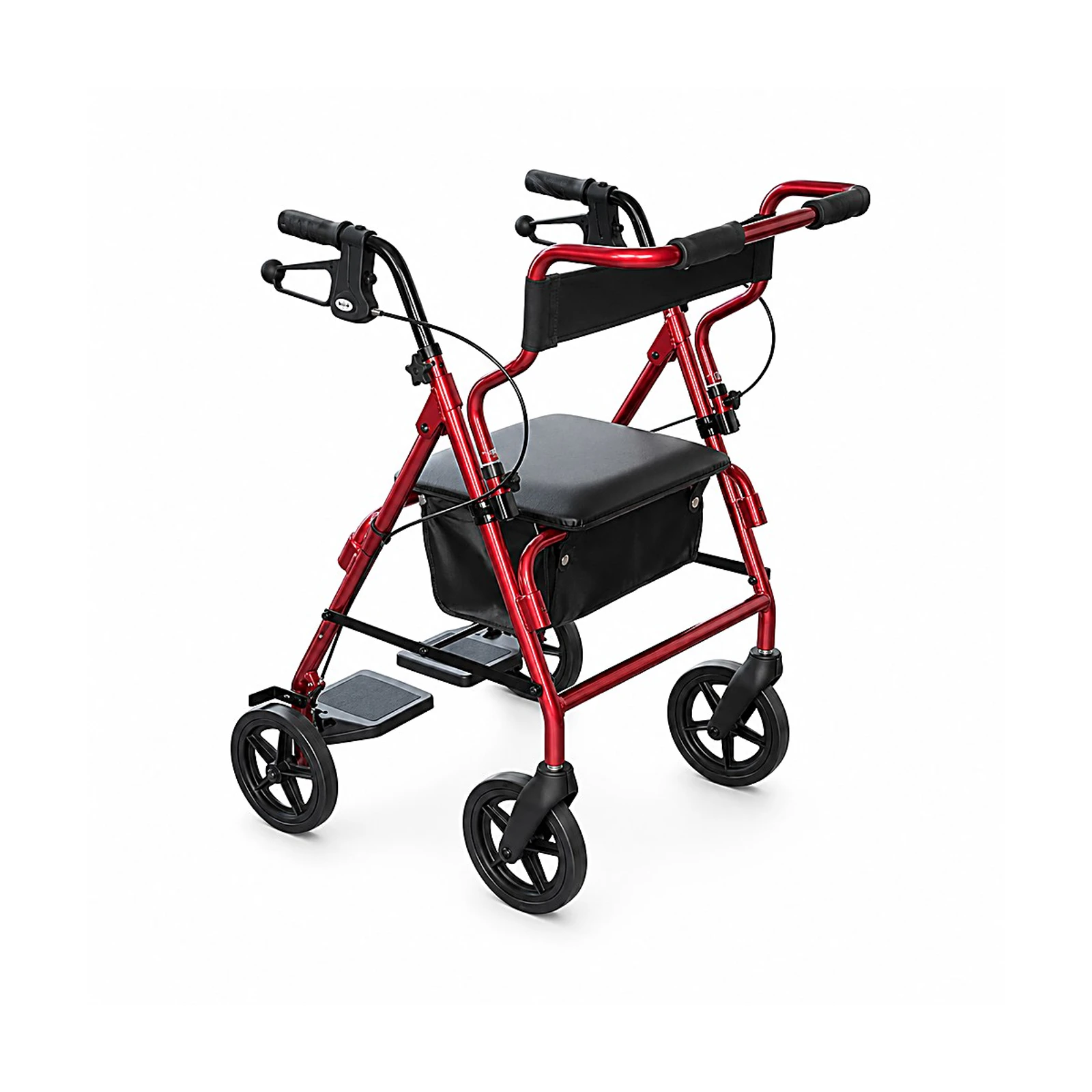 A red four-wheeled walker with hand brakes, a padded seat, and a storage pouch on a white background.