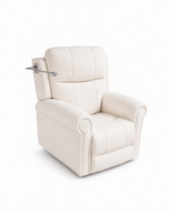 A cream-colored upholstered recliner chair with a metal handle on the side, shown against a white background.