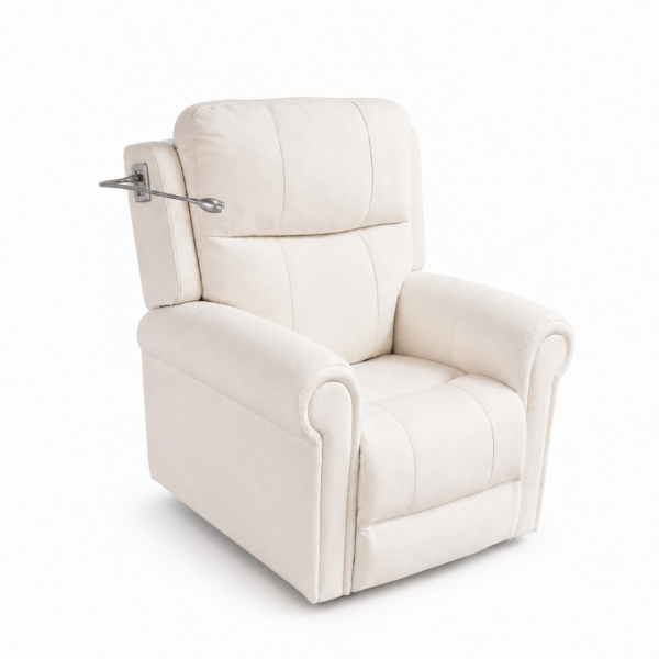 A cream-colored upholstered recliner chair with a metal handle on the side, shown against a white background.