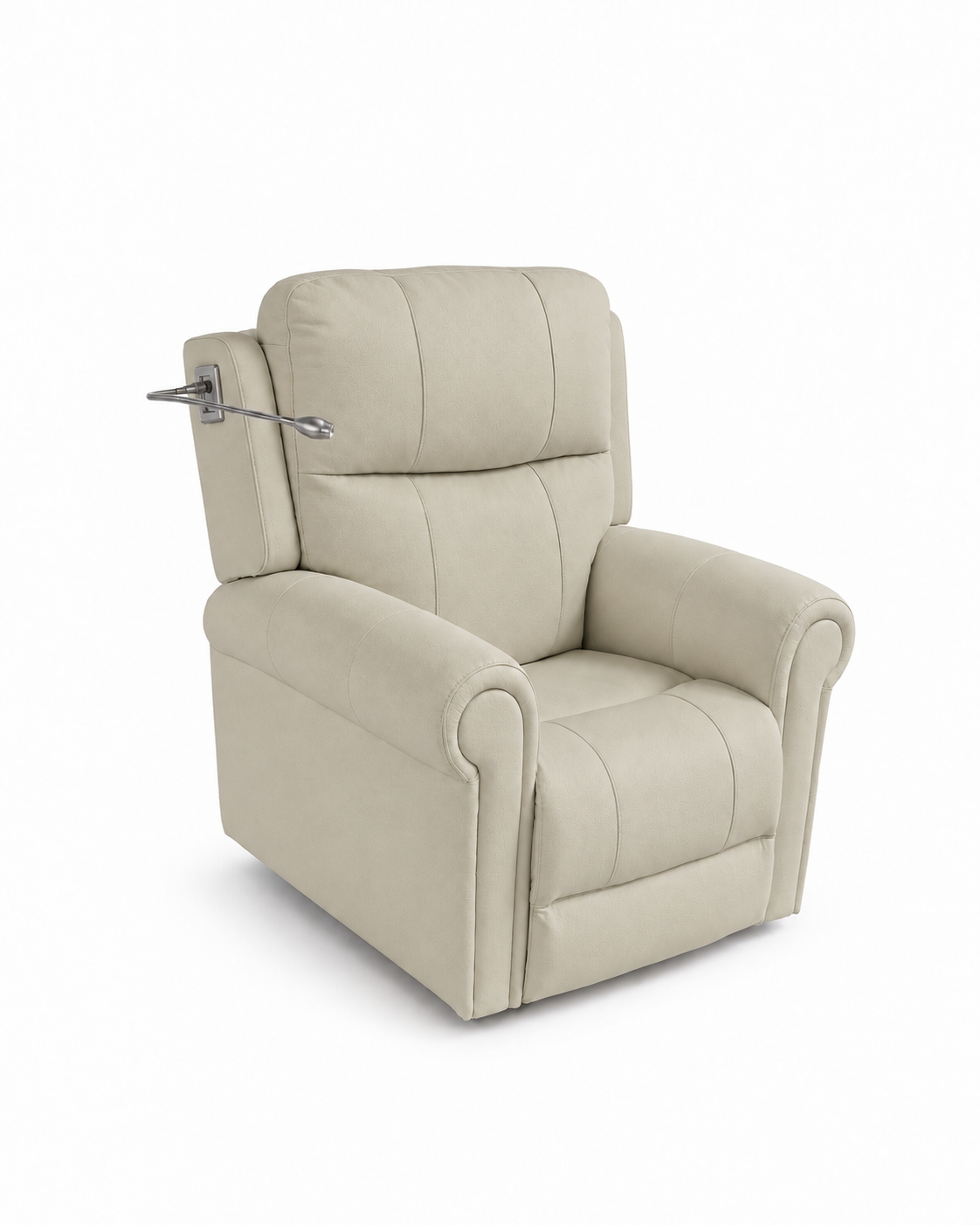 A beige upholstered recliner chair with a metal lever on the left side, shown on a white background.