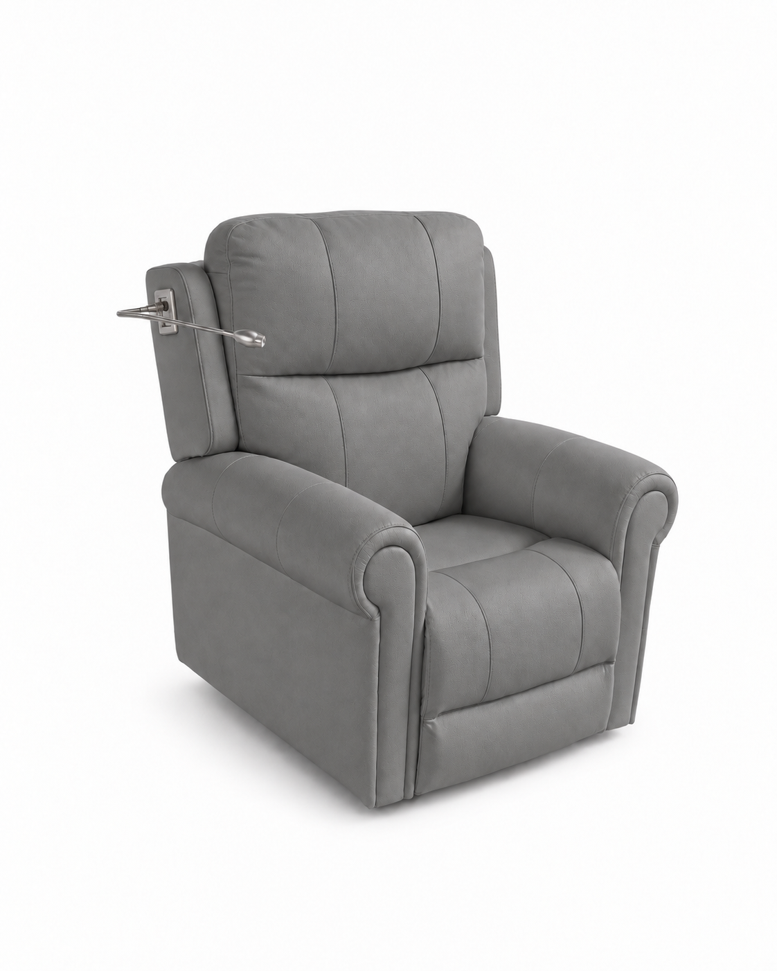 A gray upholstered recliner chair with a metal side handle, shown against a white background.