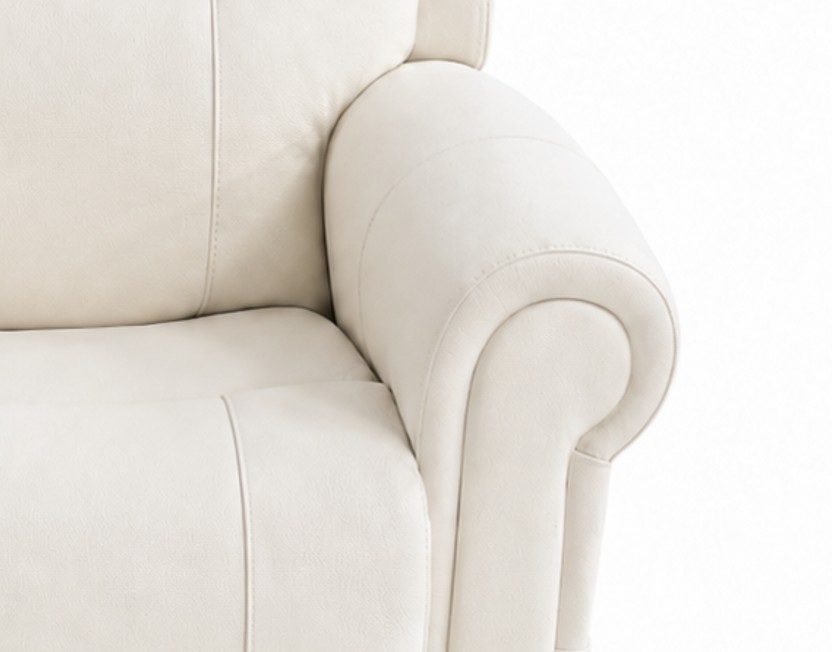 Elevate Byron electric lift chair in light beige upholstery with a rounded padded armrest and stitched backrest detail, shown against a white background.