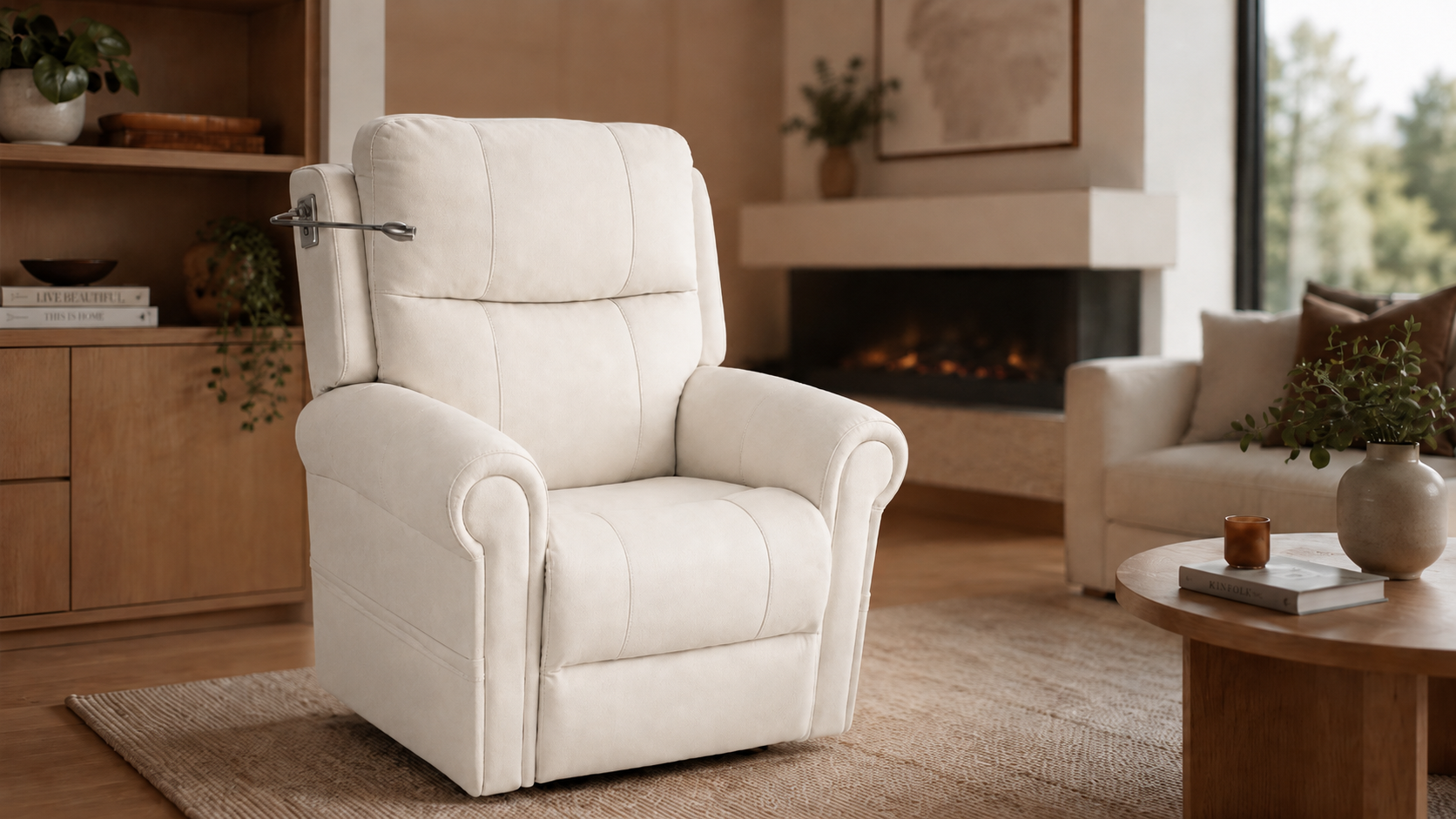 Elevate Byron electric lift chair in cream fabric with padded arms and a tall back, shown in a living room beside a fireplace and wooden side table.