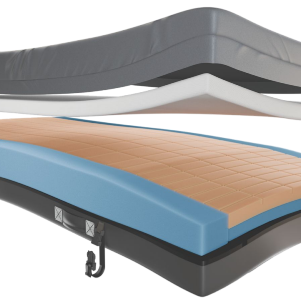 Enable Lifecare E200 adjustable bed mattress in gray and blue with a tan quilted top, shown in two curved positions with a black base and metal support legs.