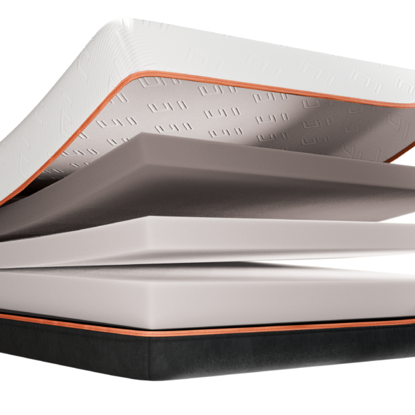Enable Lifecare E200 adjustable bed mattress in white, gray, and black with orange trim, shown layered on an adjustable base.