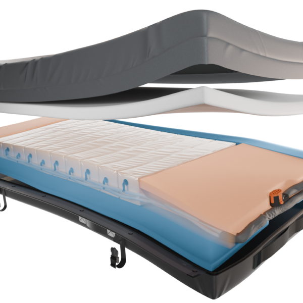 Enable Lifecare Elata E400 adjustable bed mattress in gray and peach fabric with a layered foam design, shown split above a curved adjustable base.