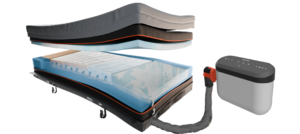 Enable Lifecare Elata E500 alternating hybrid adjustable bed mattress in black, gray, and blue with a layered cutaway design, connected by a hose to a small control unit.