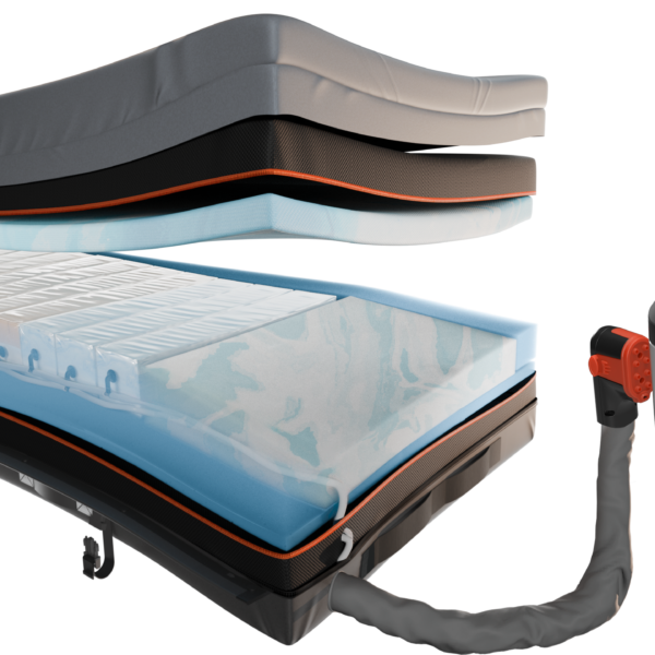 Enable Lifecare Elata E500 alternating hybrid adjustable bed mattress in black, gray, and blue with a layered cutaway design, connected by a hose to a small control unit.