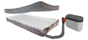 Enable Lifecare Elata E600 adjustable bed mattress in white and gray with a connected black-and-gray air pump, shown with a raised top section and layered alternating air cells.