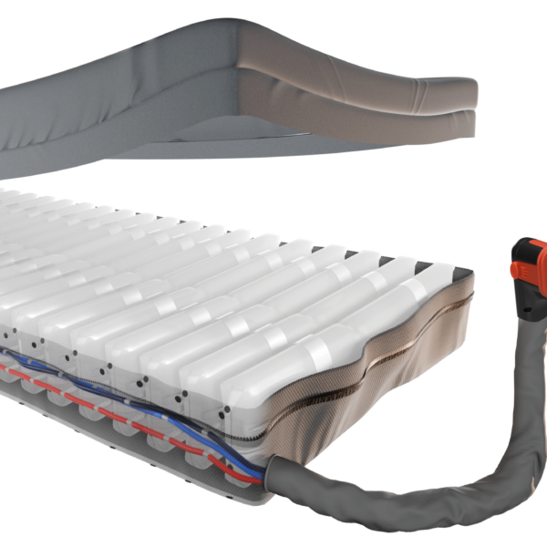 Enable Lifecare Elata E600 adjustable bed mattress in white and gray with a connected black-and-gray air pump, shown with a raised top section and layered alternating air cells.