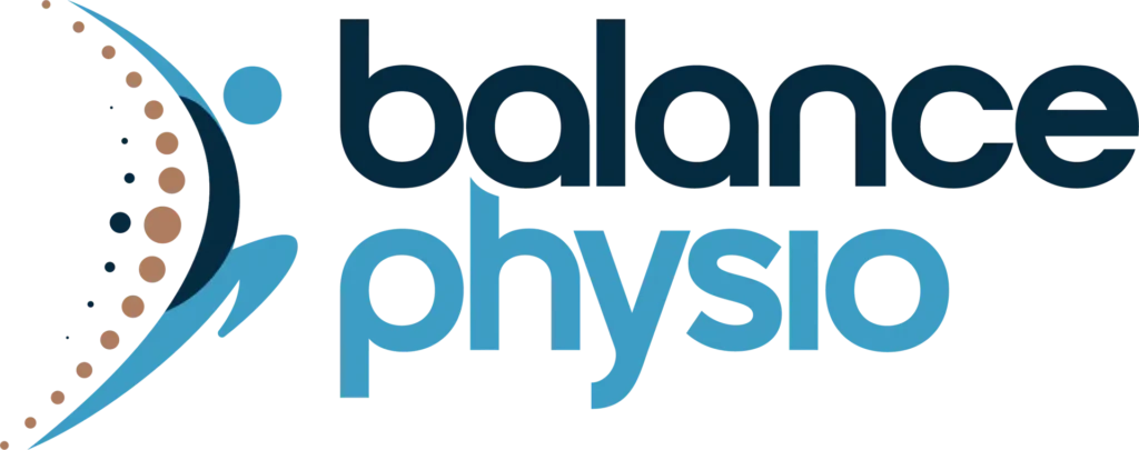 A Balance Physio logo in blue and gray with a stylized profile icon and horizontal lines on a black background.